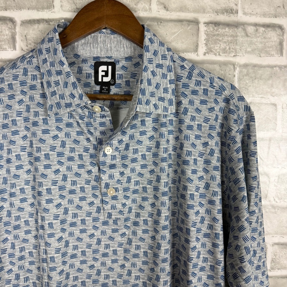FootJoy Mens Golf Polo Shirt Blue White Geometric Hatch Pattern Size Large FJ